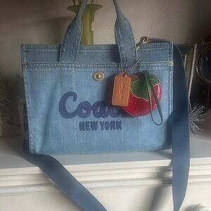 COACH Denim Tote Bag with vintage COACH Apple Charm Coin Purse